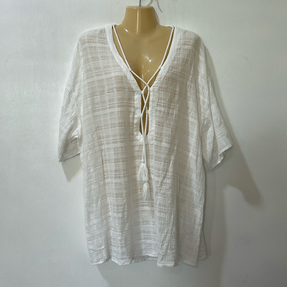 LALAVON  WOMENS LACE UP TUNIC TOP SHORT SLEEVE WHITE LIGHTWEIGHT SIZE LARGE